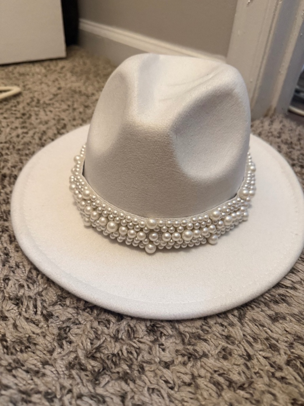 Beautiful white brim hat with pearls